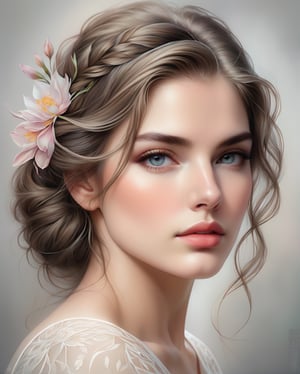 A beautifully rendered pastel color  pencil art portrait of a woman with a captivating gaze. The illustration showcases her delicate facial features, with soft shading and detailing that brings the image to life. The background is a subtle blend of gray tones, drawing focus to the woman's captivating expression and the intricate strands of her hair. The overall effect is a timeless, elegant piece that captures the essence of the subject's soul.,1girl