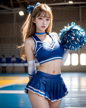 (((Cheerleader theme:1.5))),
(cowboy shot portrait:1.3), (shiny blonde long twin driiled hair with bangs:1.3),(twin drilled hair), (shiny blonde hair:1.3), (hime cut bangs:1.5), ((centered image)), a stunning beautiful and busty woman, 20yo, (looking at the viewer:1.3), (view viewer), (facing the viewer:1.3), (standing with arms behind back:1.3),
BREAK, 
super bowl, American football stadium, 
BREAK, 
masterpiece, best quality, highres, 1girl, Korean hot model, looking at viewer:1.3, (smile:0.6), wearing ((cheerleader uniform:1.3)),(blue cheerleader vest),(blue box pleated skirt:1.3),(blue theme:1.3), cowboy shot, realistic, busty, (sagging breasts:1.37), (medium breasts:1.37),(narrow waist:1.3),(thin legs:1.3), sandy body, stain body, sweat body, dairty body, sandy skin, sweat skin, parted lips, glossy juicy lips, pink lips, ,Realism,photo of perfecteyes eyes