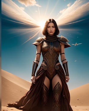 Step into the cinematic allure of Arrakis with an epic movie poster-style portrait featuring a formidable female warrior. The backdrop of endless sand dunes is illuminated by the twin suns, casting an atmospheric glow that wraps around the scene. The central focus is the silhouette of a desert warrior, dressed in intricate armor, her back to the audience. Her mysterious gaze is directed into the horizon, a symbol of strength and enigma against the harsh beauty of Dune. Her hair is tousled by the winds, adding a dynamic flair to the image. Dramatic lighting highlights the details of her battle-worn attire and the gleaming crysknife at her side. Embrace the enigma and strength of this desert warrior in a visually captivating Dune-inspired movie poster.