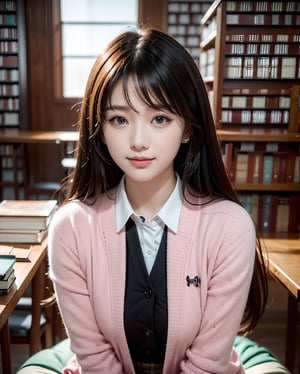 (upper body shot portrait:1.3), (extra long straight hair with parted bangs:1.3), (beautiful chiny black thin hair:1.3), ((centered image)), a stunning beautiful and busty woman, 20yo, 
BREAK, 
((Night library:1.5)), (library:1.5),(indoor:1.5), (looking at the viewer:1.3), (sitting on the seat:1.4),(pose with hands between legs:1.3),(from above:1.0),(upturned eyes:1.3), 
BREAK,
 masterpiece, best quality, highres, baeautiful aesthetic, 1girl, Korean hot model, looking at viewer:1.3, (bright smile:1.2), wearing ((school uniform)),(blazer, collared shirt, plaid pattern printed pleated skirt), (green thme:1.3), realistic, busty,(narrow waist:1.3), (thin legs:1.3), professional gravure photo, parted lips, glossy juicy lips, pink lips, , Realism, photo of perfecteyes eyes,komi_sch