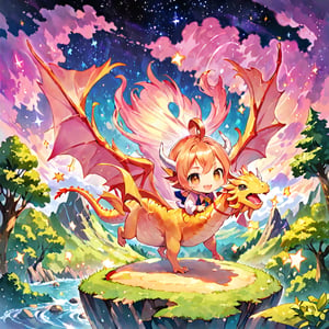 Generate a charming anime illustration of Dragonute's adorable chibi character in a whimsical setting. Capture the character's endearing essence with vibrant colors and lively expressions. Place them in a fantastical world filled with magical creatures, showcasing their playful personality. Highlight Dragonute's unique features, like distinctive scales or wings, and ensure the composition radiates joy. The scene could include elements like fluffy clouds, sparkling stars, or a colorful landscape. Infuse the image with a sense of wonder and innocence, creating an enchanting visual narrative that fans of all ages will find captivating.