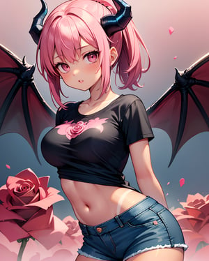 (dragon daughter theme:1.3),(Pink rose valentine's day theme:1.5),(Pink rose flower filed background:1.4), ,(masterpiece, top quality, best quality, official art, beautiful and aesthetic:1.2), hdr, high contrast, ultra high res, 1girl, solo, orange hair, pony tailhair, bulnt hair, bulunt ponytail hair, looking at viewer, brown eyes, upper body, parted lips, busty, blurry, lips, film noir, pink rose flower, pinkrose petals, fantasy, (dragon horns:1.4),dynamic, standng with arms behind back, noir, mafia, yakuza, ((T shirt, denim shorts:1.4)),finger detailed, background detailed, ambient lighting, extreme detailed, cinematic shot, realistic ilustration, (soothing tones:1.3), (hyperdetailed:1.2),tan skin,(tan skin:1.6),portrait,green theme