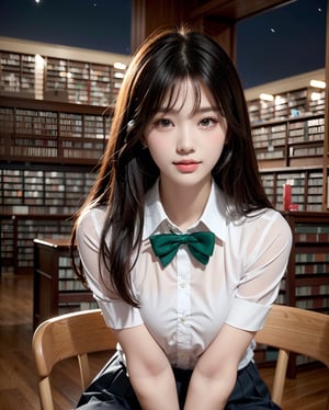 (upper body shot portrait:1.3), (extra long straight hair with parted bangs:1.3), (beautiful chiny black thin hair:1.3), ((centered image)), a stunning beautiful and busty woman, 20yo, 
BREAK, 
((Night library:1.5)), (library:1.5),(indoor:1.5), (looking at the viewer:1.3), (sitting on the seat:1.4),(pose with hands between legs:1.3),(from above:1.0),(upturned eyes:1.3), 
BREAK,
 masterpiece, best quality, highres, baeautiful aesthetic, 1girl, Korean hot model, looking at viewer:1.3, (bright smile:1.2), wearing ((school uniform)),(blazer, collared shirt, plaid pattern printed pleated skirt), (green thme:1.3), realistic, busty,(narrow waist:1.3), (thin legs:1.3), professional gravure photo, parted lips, glossy juicy lips, pink lips, , Realism, photo of perfecteyes eyes,komi_sch