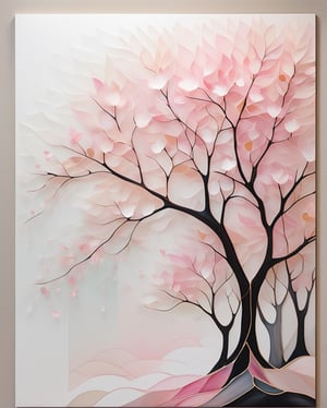 A stunning, abstract art piece featuring a mesmerizing symphony of translucent, fragmented shapes. The composition is a harmonious blend of geometric forms in soft pinks and whites, reminiscent of cherry blossom petals dancing in the breeze. The overlapping and intertwining elements create a kaleidoscopic effect, blurring the lines between positive and negative space. Ethereal gradients and atmospheric washes imbue the work with an otherworldly aura, reflecting the fleeting beauty of cherry blossoms. The interplay of precise angular compositions and organic forms captures the delicate balance between order and chaos in the transient spectacle of blooming cherry trees. This modern geometric interpretation offers a captivating, meditative exploration of light, form, and movement, distilling the essence of the ephemeral blossoms.