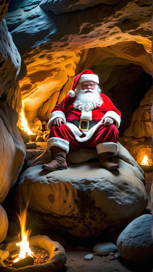 ((a caveman style santa:1.3)), (santa in the stone cave:1.3), sitting on a stone in the cave, santa is tired, heavy breasthing, dacing little fairy, flyinf little fairy, fantasy:1.2, bonfire made of stones, christmas,Epic Caves, epic, 8k, high resolution,more detail XL,christmas,SANTA CLAUS