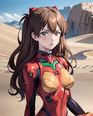 In a mesmerizing collaboration between the evocative world of Dune's desert planet and the iconic character Asuka from Evangelion, envision a portrait that seamlessly merges two distinct universes. Asuka, donned in a uniquely adapted desert-ready plugsuit, stands against the towering dunes of the foreign landscape. The ochre sands and swirling winds mirror the harshness of her surroundings, while her defiant gaze reflects the resilience ingrained in her character. The fusion of Evangelion's bold aesthetic with Dune's arid grandeur creates a striking image, encapsulating the spirit of Asuka against the backdrop of an alien desert, where the surreal and the iconic converge in visual harmony.
BREAK, 
1girl, solo, orange hair, breasts, looking at viewer, wavy hair, curly hair, messh hair, dameged hair, brown eyes, cyborg girl, upper body, parted lips,cyborg armor, mechanical joints, mechanical armor,  blurry, lips, SF, sci fi, fantasy, cyber punk, android, dynamic, sitting with arms behind back, plug suit, ,souryuuasukalangley, orange theme, 