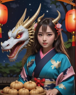 1girl, solo, ONIYOME, ONI horns, dragon, swtubun, wearing a Japanse kimono dress, beans, anime style illustration, realistic, high res, best quality, 8k, masterpiece, paper lantan, night, night sky, lantan, horns, dragon horns, basket, realistic, photorealistic, ,<lora:659095807385103906:1.0>