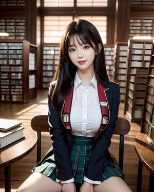 (upper body shot portrait:1.3), (extra long straight hair with parted bangs:1.3), (beautiful chiny black thin hair:1.3), ((centered image)), a stunning beautiful and busty woman, 20yo, 
BREAK, 
((Night library:1.5)), (library:1.5),(indoor:1.5), (looking at the viewer:1.3), (sitting on the seat:1.4),(pose with hands between legs:1.3),(from above:1.0),(upturned eyes:1.3), 
BREAK,
 masterpiece, best quality, highres, baeautiful aesthetic, 1girl, Korean hot model, looking at viewer:1.3, (bright smile:1.2), wearing ((school uniform)),(blazer, collared shirt, plaid pattern printed pleated skirt), (green thme:1.3), realistic, busty,(narrow waist:1.3), (thin legs:1.3), professional gravure photo, parted lips, glossy juicy lips, pink lips, , Realism, photo of perfecteyes eyes,komi_sch