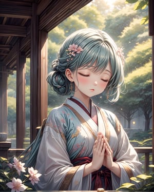 Create a serene and prayerful illustration featuring a female character. Envision a tranquil setting with soft, pastel hues, perhaps a serene garden or a peaceful temple. The woman should exude a sense of inner peace, with closed eyes and hands clasped in prayer. Incorporate elements like gentle sunlight or candlelight to enhance the peaceful ambiance. Emphasize a harmonious atmosphere with subtle details like floating cherry blossoms or ethereal light beams. Overall, convey a profound sense of tranquility and spirituality in the artwork, capturing the essence of peace and prayer.,pastelbg,leonardo