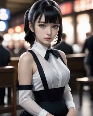 1girl, solo, black hair, ponytail hair, looking at viewer, brown eyes, anime waifu, upper body, parted lips, busty, blurry, lips, film noir, fantasy, dynamic, standng with arms behind back, noir, mafia, yakuza, black maid dress, narberal gamma \(overlord\),photo r3al