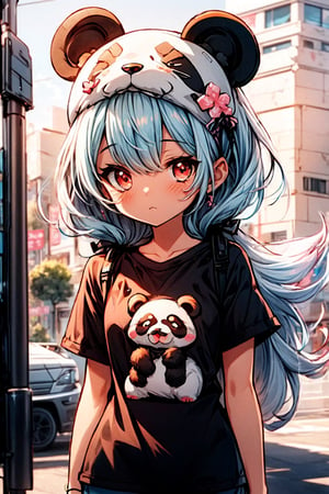 Tensor Art mascot character, chest indicatied "T", chibi character, chibi emote, 3d render, octan render, cute character, kawaii, photon mapping, Aisian extremely pretty Panda, wearint letter T printed T-shirt:1.5, 