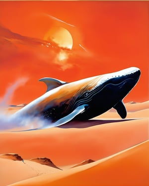 Immerse your canvas in the surreal fusion of "Dune's" desert planet and the mystique of "Moby-Dick." Picture a vast, sandy sea stretching beneath a scorching sun. In this desolate expanse, conjure a colossal sand whale breaching from the dunes, a creature of both beauty and menace. Beside it, a lone man, clad in attire blending futuristic and seafaring elements, stands with determined awe. Let the swirling sands form intricate patterns around this ethereal duo, merging the cosmic vastness of the desert with the maritime allure of the great white whale. Craft an illustration that captures the epic essence of adventure in a desert ocean teeming with mythical wonder.