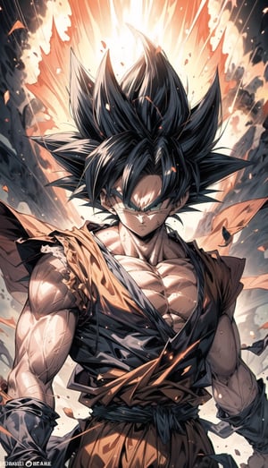 Imagine an anime illustration that seamlessly blends the iconic Super Saiyan Son Goku from Dragon Ball into the awe-inspiring world of Dune's desert planet. In this vibrant fusion, envision Goku standing amidst the vast, golden dunes, his fiery Super Saiyan aura contrasting with the arid landscape. The winds whip up the sand around him, creating a dynamic scene of power and movement. The familiar Dragon Ball energy beams intertwine with the mystical allure of the desert, as Goku's determined gaze reflects both Saiyan strength and the mysterious essence of the Dune planet. This crossover illustration captures the essence of two beloved worlds colliding in an epic visual narrative.,1man, solo, dune, desert, ,SAIYA