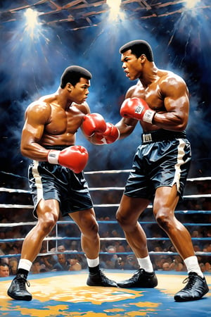 (boxing theme:1.5), (fight of the century:1.5), (big match:1.5), (all or nothing:1.5), (Muhammad Ali vs Mike Tyson:1.5), (super heavyweight title match: 1.5), (boxing ring:1.5), (2male boxing fighter:1.5), 2musclar boxing fighter, hyper mascular body, dynamic, sweat, glossy skin, dynamic fighting pose, cowboy shot, photorealistic, ultrarealistic, oil painting, dropped painting, ultradetailed, hyper sharp, best qulity , masterpiece,BJ_Oil_painting,Flat vector art,oil paint ,dripping paint