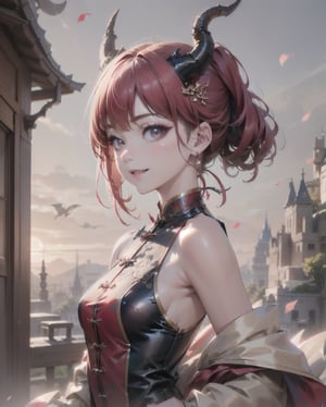 Upper body portrait of a stunning beautiful dragon daughter, 22yo, 1dragon girl, solo, wearing a drapped shreer dress, beige theme, (elegant),(gorgeous),(skin tight), chignon redhair, (fantasy:1.3),(magic), (dragon horns:1.4), red big eyes, parted lips, small face,  
BREAK, 
materpiece, best qulity, ultra high res, realisticm photorealistic, photo of perfect eyes, Realism, Extremely Realistic, upper body, bright smile, fang, closed mouth, front view, looking at the viewer, standing, open stance, urabn, ,yeonyuromi