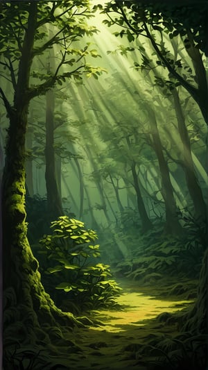 Create a captivating LOFI digital landscape illustration featuring a serene forest scene. Picture a dense forest bathed in the warm glow of the setting sun. Include elements like tall trees with lush green foliage, a cozy cabin nestled among the trees, and soft rays of sunlight filtering through the branches. Emphasize the peaceful atmosphere with gentle shadows and a serene color palette. Capture the tranquility and beauty of nature in the golden hour, highlighting the harmony between the natural environment and human habitation. Use subtle textures and a nostalgic vibe to enhance the LOFI aesthetic, creating a timeless and soothing artwork.