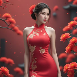 1girl, a stunning beautiful woman, 22yo, busty, wearing a red cheongsam dress, rubber materials, surrounded red flower, realistic, high res, best quality, masterpiece, 8k, hyper sharp image, fantasy, ,<lora:659095807385103906:1.0>