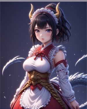 narberal gamma \(overlord\), (fusion of narberal gamma and dragon daughter:1.3), 1girl, long hair, black hair, glay eyes, bangs, ponytail, medium breats, looking at viewer, glay eyes, anime waifu, upper body, parted lips, busty, blurry, lips,busty, large breasts, film noir, fantasy, chibi emote, dynamic, dragon horns, standng with arms behind back, noir, wearing a (fusion of miko outfit and maid costume:1.3), narberal gamma \(overlord\),photo r3al,ani_booster,Hanbok,,baby dragon,1dragon girl,chibi,,,<lora:659095807385103906:1.0>