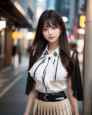 (1stunning busty girl:1.3, solo), urban, dusk, (Masterpiece, best quality, photorealistic, highres, photography:1.3), ultra-detailed, sharp focus, professional photo, commercial photo, (cowboy shot image:1.3),  (standing with arms behind back), (looking viewer:1.3),(view viewer:1.3),(facing viewer:1.3), 
BREAK, 
1gril, solo, Japanese_beauty, 22yo, hot model, highly detailed eyes and pupils, realistic skin, attractive body, (gramaras:1.3), (large breast:1.38, upturned breasts:1.38, round breasts:1.38), (thin waist:1.3, hourglass body:1.38), (brown a Sheer Sarong:1.3, light brown long hair:1.3, blowing hair, bangs:1.3, hair between eyes:1.3, extremely detailed hair), delicate sexy face, sensual gaze, shiny glossy lips, beautiful skin, straight teeth, 
BREAK, 
wearing a ((blouse and pleated skirt:1.3)), (black theme:1.3),  
BREAK, 
((realistic, super realistic, realism, realistic detail)), perfect anatomy, perfect proportion, (bokeh, depth of field:1.2), hyper sharp image,  (4fingers and thumb, perfect human hands), (professional studio soft light), wind, blowing hair, 