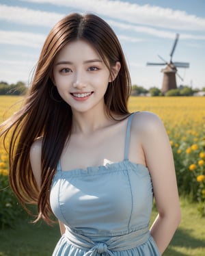 A sheer salon style long windblown hair, masterpiece, best quality, ultra high res, 1girl, solo, a stunning pretty and beautiful Korean hot model, 20yo, looking at viewer:1.3, (bright smile:1.2), Netherlans, windmill field scenery, blue sky, cloud, wearing ((Dirndl dress)), bust_up portrait, attractive showing her breasts ,realistic, busty, (round breasts:1.2),(large breasts:1.3),(sagging breasts:1.3),(narrow waist:1.3), standing with arms behind back:1.3, watch, ,1girl