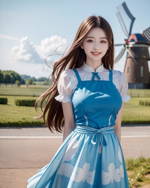 A sheer salon style long windblown hair, masterpiece, best quality, ultra high res, 1girl, solo, a stunning pretty and beautiful Korean hot model, 20yo, looking at viewer:1.3, (bright smile:1.2), Netherlans, windmill field scenery, blue sky, cloud, wearing ((Dirndl dress)), bust_up portrait, attractive showing her breasts ,realistic, busty, (round breasts:1.2),(large breasts:1.3),(sagging breasts:1.3),(narrow waist:1.3), standing with arms behind back:1.3, watch, ,1girl