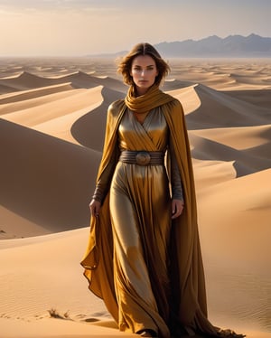 In the arid expanse of Dune, a desert planet with endless sands and towering sand dunes, a captivating female portrait captures the essence of this barren yet mystical world. The resilient woman, draped in flowing desert robes adorned with intricate patterns, stands against the backdrop of vast, undulating dunes. The harsh sunlight casts shadows, emphasizing the fierce determination in her eyes, reflecting the resilience required to navigate the unforgiving terrain of Arrakis. Subtle traces of spice melange, the coveted resource that dominates Dune's economy, are manifested through golden hues in the composition. The windswept sands and mysterious desert landscape serve as a powerful backdrop, echoing the intrigue and challenges of Frank Herbert's iconic science fiction masterpiece., 