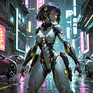 In a cyberpunk metropolis, a formidable female CG character emerges, inspired by Ghost in the Shell. With enhanced cybernetic augmentations seamlessly integrated into her lithe physique, she exudes a commanding presence. Her eyes, adorned with holographic overlays, reflect a blend of determination and mystery. A sleek combat suit, intricately detailed with luminescent patterns, molds to her body. Dynamic poses showcase her proficiency in both combat and stealth. Surrounding neon lights cast a vibrant glow, accentuating the fusion of futuristic technology and timeless beauty in this hyper-realistic digital creation.