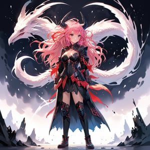 stylized ink painting and digital anime painting, eastern dragon, ink painting, 1dragon girl, young adult, 22yo, tall, skinny, busty, pink long wavy messy hair, large breasts, weaing a medieval dragonic armored dress, ray tracing, waterflall,  group of Velociraptors, 8k, realistic, standing with arms behind back, masterpiece, best quality,aesthetic,1dragon girl,dragon,,,,,,1dragon,,RitterBalberith,,,<lora:659095807385103906:1.0>