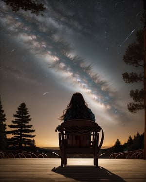 A female singer in her twenties sits gracefully in a chair, legs crossed, under the stars shining in the night sky. Her hair sways in the wind, and the glow of the starry sky beautifully illuminates her flowing locks. The singer modestly holds her guitar and plays a song with an impassioned expression. In the starry sky, a flowing Milky Way stretches out, creating a dreamy atmosphere. The lights and notes drifting around her symbolize the magic of music. The back of the chair is carved with a constellation pattern, creating a sense of unity between sky and earth. It is a passionate scene, as if her voice is spreading out into the universe and the stars are resonating with her melodies.