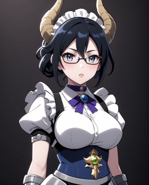 Yuri Alpha \(overlord\), (fusion of Yuri Alpha and dragon daughter:1.3), albedo \(overlord\), 1girl, grey eyes, glasses, black hair, hair bun, breasts, looking at viewer, anime waifu, upper body, parted lips, busty, blurry, lips,busty, large breasts, film noir, fantasy, chibi emote, dynamic, dragon horns, standng with arms behind back, noir, wearing a (dress, broach, choker, maid, armor, gauntlets, corset),