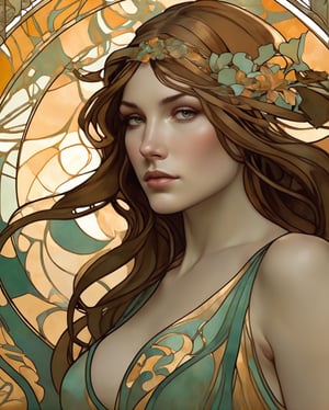 Craft a modern Art Nouveau-inspired female illustration, channeling the essence of Alphonse Mucha's aesthetic. Embrace the graceful curves, intricate details, and botanical motifs characteristic of Mucha's style. Adorn the subject with flowing, organic patterns, seamlessly blending nature and femininity. Incorporate a contemporary touch by infusing clean lines and a nuanced color palette. Illuminate the scene with soft, ethereal lighting, enhancing the dreamlike quality. Consider integrating digital elements or mixed-media techniques to bring a fresh perspective while preserving Mucha's timeless elegance. This prompt challenges the artist to pay homage to Mucha's legacy while infusing the composition with a modern, imaginative flair.