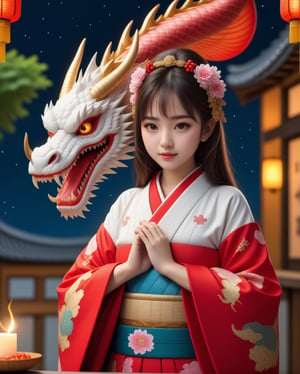 1girl, solo, ONIYOME, ONI horns, dragon, setsubun, wearing a Japanse kimono dress, beans, anime style illustration, realistic, high res, best quality, 8k, masterpiece, paper lantan, night, night sky, lantan, horns, dragon horns, beans, basket, realistic, photorealistic, ,more detail XL,<lora:659095807385103906:1.0>