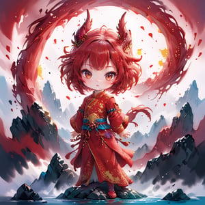 1dragon girl in chinese moutain top, wearing a red cheongsam dress with small gold detailed, eastern chibi dragon, waterfall, ((centered image)), fantasy, realistic,,,ani_booster,,,,painted world,,,,,,,,,,1dragon,art_booster,chibi,<lora:659095807385103906:1.0>