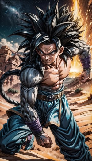 Imagine an anime illustration that seamlessly blends the iconic Super Saiyan Son Goku from Dragon Ball into the awe-inspiring world of Dune's desert planet. In this vibrant fusion, envision Goku standing amidst the vast, golden dunes, his fiery Super Saiyan aura contrasting with the arid landscape. The winds whip up the sand around him, creating a dynamic scene of power and movement. The familiar Dragon Ball energy beams intertwine with the mystical allure of the desert, as Goku's determined gaze reflects both Saiyan strength and the mysterious essence of the Dune planet. This crossover illustration captures the essence of two beloved worlds colliding in an epic visual narrative.,1man, solo, dune, desert, ,Super_Saiyan_5_Goku