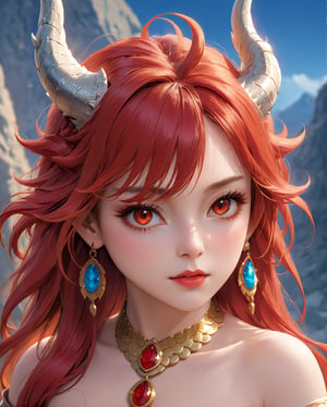 (dragon daughter theme1.4),(dragon horns:1.4), (best quality,8K,highres,masterpiece), ultra-detailed, (realistic portrait) of a girl, solo, showcasing long, blowing sheer red hair and captivating red eyes that hold the viewer's gaze. This portrait emphasizes her striking features enhanced by meticulous makeup, including vivid lipstick that accentuates her lips. She wears exquisite jewelry, a necklace that complements her attire, and is adorned with a unique headdress featuring dragon scales, adding a majestic and ethereal quality to her appearance. The inclusion of a mask and face paint draws inspiration from Ancient Macedonian traditions, enriching the portrait with cultural depth and significance. The overall composition is a celebration of beauty, tradition, and the artistry of makeup and adornment, rendered with lifelike precision and attention to detail.
