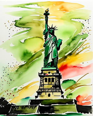 In this artistic endeavor, blend the traditional Chinese ink wash technique with the stylistic elements of Wu Guanzhong, melding them with the iconic symbol of liberty – the Statue of Liberty. Embrace the fluidity and expressiveness of Chinese ink painting, capturing the essence of freedom's embodiment with bold brushstrokes and dynamic composition. Integrate Western painting concepts such as color theory and abstraction to infuse the image with modernity and depth, enhancing the Statue's significance as a beacon of liberty. Focus on capturing the Statue's grandeur and the spirit of liberation it represents, infusing it with a sense of cultural fusion and contemporary resonance. Let this synthesis of Eastern and Western influences create a visually compelling narrative that celebrates the universal aspiration for freedom and human rights.