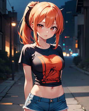 (dragon daughter theme:1.3),(masterpiece, top quality, best quality, official art, beautiful and aesthetic:1.2), hdr, high contrast, ultra high res, 1girl, solo, orange hair, pony tailhair, bulnt hair, bulunt ponytail hair, looking at viewer, brown eyes, upper body, parted lips, busty, blurry, lips, film noir, fantasy, dragon horns:1.3,dynamic, standng with arms behind back, noir, mafia, yakuza, ((T shirt, denim shorts:1.4)),finger detailed, background detailed, ambient lighting, extreme detailed, cinematic shot, realistic ilustration, (soothing tones:1.3), (hyperdetailed:1.2),tan skin,(tan skin:1.6),portrait,green theme