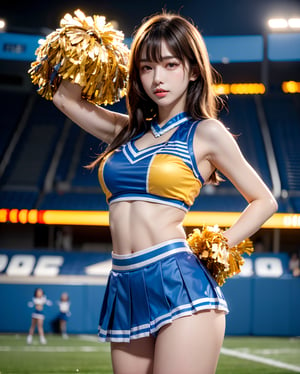 (((Cheerleader theme:1.5))),
(cowboy shot portrait:1.3), (shiny blonde long twin driiled hair with bangs:1.3),(twin drilled hair), (shiny blonde hair:1.3), (hime cut bangs:1.5), ((centered image)), a stunning beautiful and busty woman, 20yo, (looking at the viewer:1.3), (view viewer), (facing the viewer:1.3), (standing with arms behind back:1.3),
BREAK, 
super bowl, American football stadium, 
BREAK, 
masterpiece, best quality, highres, 1girl, Korean hot model, looking at viewer:1.3, (smile:0.6), wearing ((cheerleader uniform:1.3)),(blue cheerleader vest),(blue box pleated skirt:1.3),(blue theme:1.3), cowboy shot, realistic, busty, (sagging breasts:1.37), (medium breasts:1.37),(narrow waist:1.3),(thin legs:1.3), sandy body, stain body, sweat body, dairty body, sandy skin, sweat skin, parted lips, glossy juicy lips, pink lips, ,Realism,photo of perfecteyes eyes