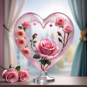 
Create a captivating illustration featuring a delicate fusion of a glass heart and a vibrant bouquet of pink roses. The ethereal transparency of the glass heart should reflect the tender emotions within, while the pink roses symbolize love and passion. Let the juxtaposition of fragility and vibrancy evoke a sense of beauty and romance. Utilize soft hues to enhance the dreamlike atmosphere, ensuring that the artwork conveys a harmonious blend of transparency and the alluring charm of blooming roses, making it a visual ode to love and tenderness.,real_booster,photo_b00ster