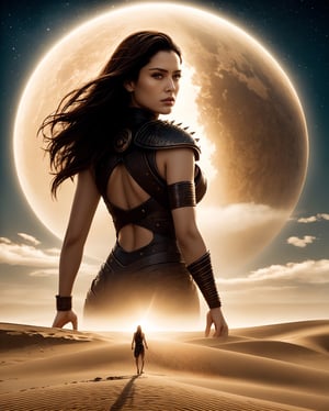 Step into the cinematic allure of Arrakis with an epic movie poster-style portrait featuring a formidable female warrior. The backdrop of endless sand dunes is illuminated by the twin suns, casting an atmospheric glow that wraps around the scene. The central focus is the silhouette of a desert warrior, dressed in intricate armor, her back to the audience. Her mysterious gaze is directed into the horizon, a symbol of strength and enigma against the harsh beauty of Dune. Her hair is tousled by the winds, adding a dynamic flair to the image. Dramatic lighting highlights the details of her battle-worn attire and the gleaming crysknife at her side. Embrace the enigma and strength of this desert warrior in a visually captivating Dune-inspired movie poster.