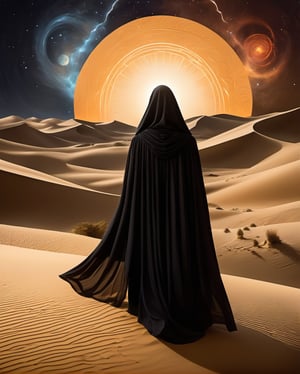 Imagine an evocative illustration inspired by the religious themes of "Dune." In this image, a cosmic tapestry unfolds, depicting followers of the mysterious Bene Gesserit sisterhood engaging in ritualistic practices. The backdrop showcases the colossal sand dunes of Arrakis, echoing the desert planet's spiritual significance. Cloaked figures engage in meditative stances, symbolizing the quest for prescient visions and enhanced awareness. At the center, a sacred spice melange radiates an otherworldly glow, embodying the transformative and mystical properties revered in the "Dune" universe. This artwork visually encapsulates the fusion of mysticism, interstellar politics, and the enigmatic allure of the desert world's religious undertones.