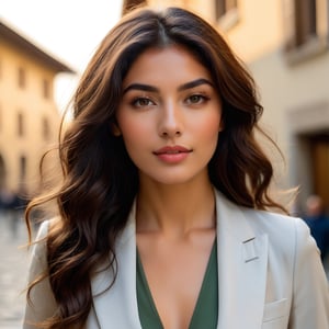 Capture the essence of Italian elegance and charm in a single frame. (face close up image), (face shot), Picture her against the backdrop of a quaint cobblestone street in Florence, the golden sunlight casting a warm glow on her features. She stands confidently, dressed in a chic yet effortlessly stylish ensemble, perhaps a tailored blazer paired with high-waisted trousers or a flowy sundress that flutters in the gentle breeze. Her dark, cascading curls frame her face, and her olive skin radiates a natural beauty. With a slight smile playing on her lips and a twinkle in her eyes, she exudes charisma and sophistication, embodying the timeless allure of Italian allure.