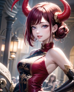 Upper body portrait of a stunning beautiful dragon daughter, 22yo, 1dragon girl, solo, wearing a drapped shreer dress, beige theme, (elegant),(gorgeous),(skin tight), chignon redhair, (fantasy:1.3),(magic), (dragon horns:1.4), red big eyes, parted lips, small face,  
BREAK, 
materpiece, best qulity, ultra high res, realisticm photorealistic, photo of perfect eyes, Realism, Extremely Realistic, upper body, bright smile, fang, closed mouth, front view, looking at the viewer, standing, open stance, urabn, ,yeonyuromi