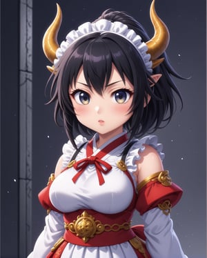 narberal gamma \(overlord\), (fusion of narberal gamma and dragon daughter:1.3), 1girl, long hair, black hair, glay eyes, bangs, ponytail, medium breats, looking at viewer, glay eyes, anime waifu, upper body, parted lips, busty, blurry, lips,busty, large breasts, film noir, fantasy, chibi emote, dynamic, dragon horns, standng with arms behind back, noir, wearing a (fusion of miko outfit and maid costume:1.3), narberal gamma \(overlord\),photo r3al,ani_booster,Hanbok,,baby dragon,1dragon girl,chibi,,,<lora:659095807385103906:1.0>