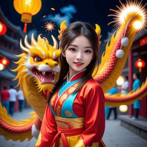 Asian girl, 22yo, 1girl, a stunning beautiful woman, dragon dance, Chinese Festival, Chinese Lantan, Ancient chinese town, fireworks, ,,1dragon,<lora:659095807385103906:1.0>