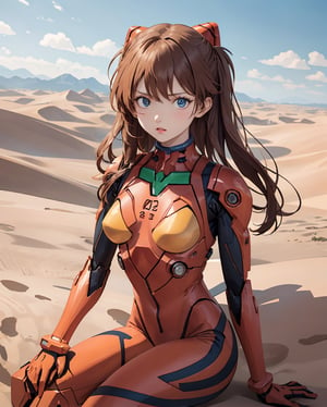 In a mesmerizing collaboration between the evocative world of Dune's desert planet and the iconic character Asuka from Evangelion, envision a portrait that seamlessly merges two distinct universes. Asuka, donned in a uniquely adapted desert-ready plugsuit, stands against the towering dunes of the foreign landscape. The ochre sands and swirling winds mirror the harshness of her surroundings, while her defiant gaze reflects the resilience ingrained in her character. The fusion of Evangelion's bold aesthetic with Dune's arid grandeur creates a striking image, encapsulating the spirit of Asuka against the backdrop of an alien desert, where the surreal and the iconic converge in visual harmony.
BREAK, 
1girl, solo, orange hair, breasts, looking at viewer, wavy hair, curly hair, messh hair, dameged hair, brown eyes, cyborg girl, upper body, parted lips,cyborg armor, mechanical joints, mechanical armor,  blurry, lips, SF, sci fi, fantasy, cyber punk, android, dynamic, sitting with arms behind back, plug suit, ,souryuuasukalangley, orange theme, ,masterpiece