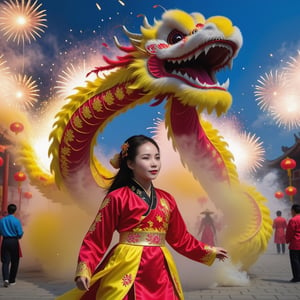 Asian girl, 22yo, 1girl, a stunning beautiful woman, dragon dance, Chinese Festival, Chinese Lantan, Ancient chinese town, fireworks, ,,,,1dragon,,<lora:659095807385103906:1.0>,Hanbok,<lora:659095807385103906:1.0>