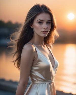 A stunning beautiful European woman, 22yo, tall, slender, wearing a chic dress, very bright backlighting, backlighting theme image, sunset, sunset sneery, realistic, photorealistic, hyperrealism, best quality, masterpiece, 8k, sunset light irradiated her body. back light, brighting hair, The downy hair is shining, 