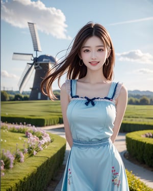 A sheer salon style long windblown hair, masterpiece, best quality, ultra high res, 1girl, solo, a stunning pretty and beautiful Korean hot model, 20yo, looking at viewer:1.3, (bright smile:1.2), Netherlans, windmill field scenery, blue sky, cloud, wearing ((Dirndl dress)), bust_up portrait, attractive showing her breasts ,realistic, busty, (round breasts:1.2),(large breasts:1.3),(sagging breasts:1.3),(narrow waist:1.3), standing with arms behind back:1.3, watch, ,1girl