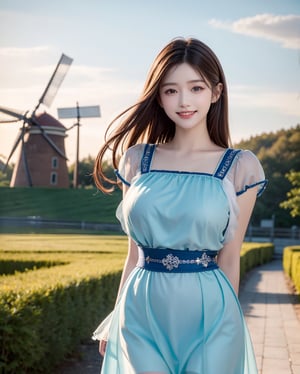 A sheer salon style long windblown hair, masterpiece, best quality, ultra high res, 1girl, solo, a stunning pretty and beautiful Korean hot model, 20yo, looking at viewer:1.3, (bright smile:1.2), Netherlans, windmill field scenery, blue sky, cloud, wearing ((Dirndl dress)), bust_up portrait, attractive showing her breasts ,realistic, busty, (round breasts:1.2),(large breasts:1.3),(sagging breasts:1.3),(narrow waist:1.3), standing with arms behind back:1.3, watch, ,1girl